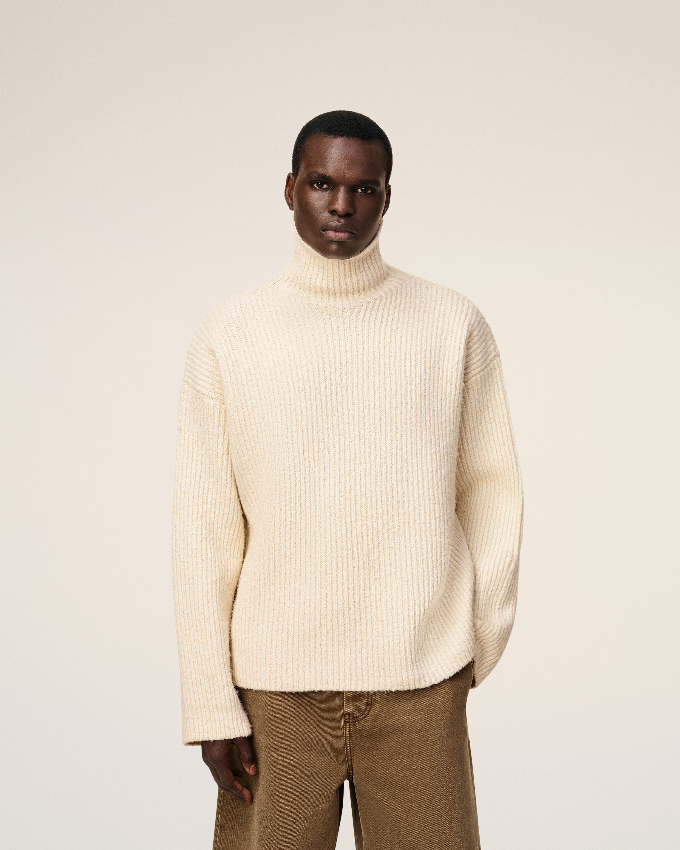 Pull Blanc Col Cheminée En Laine