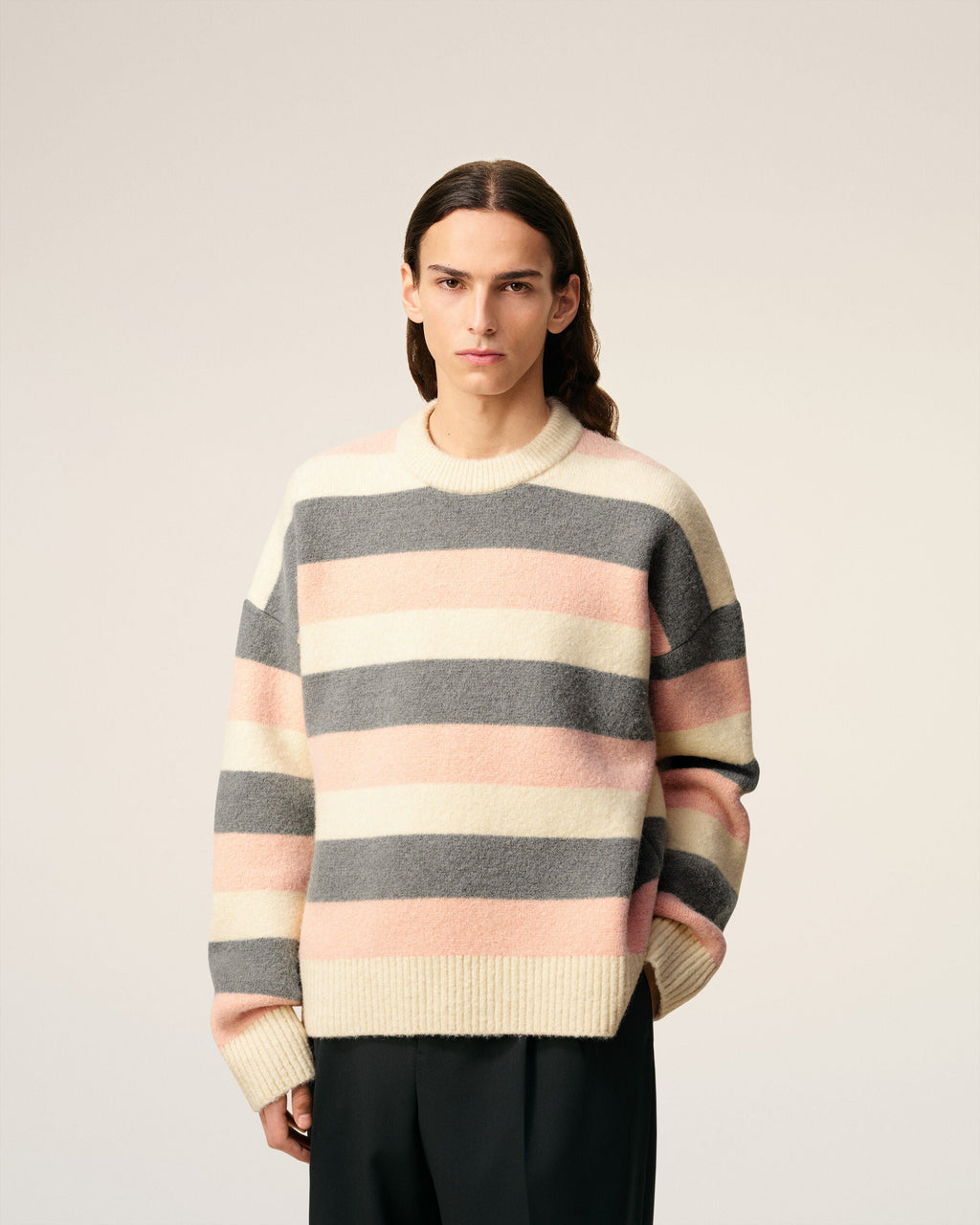 Pull Gris Rayé Col Rond En Alpaga