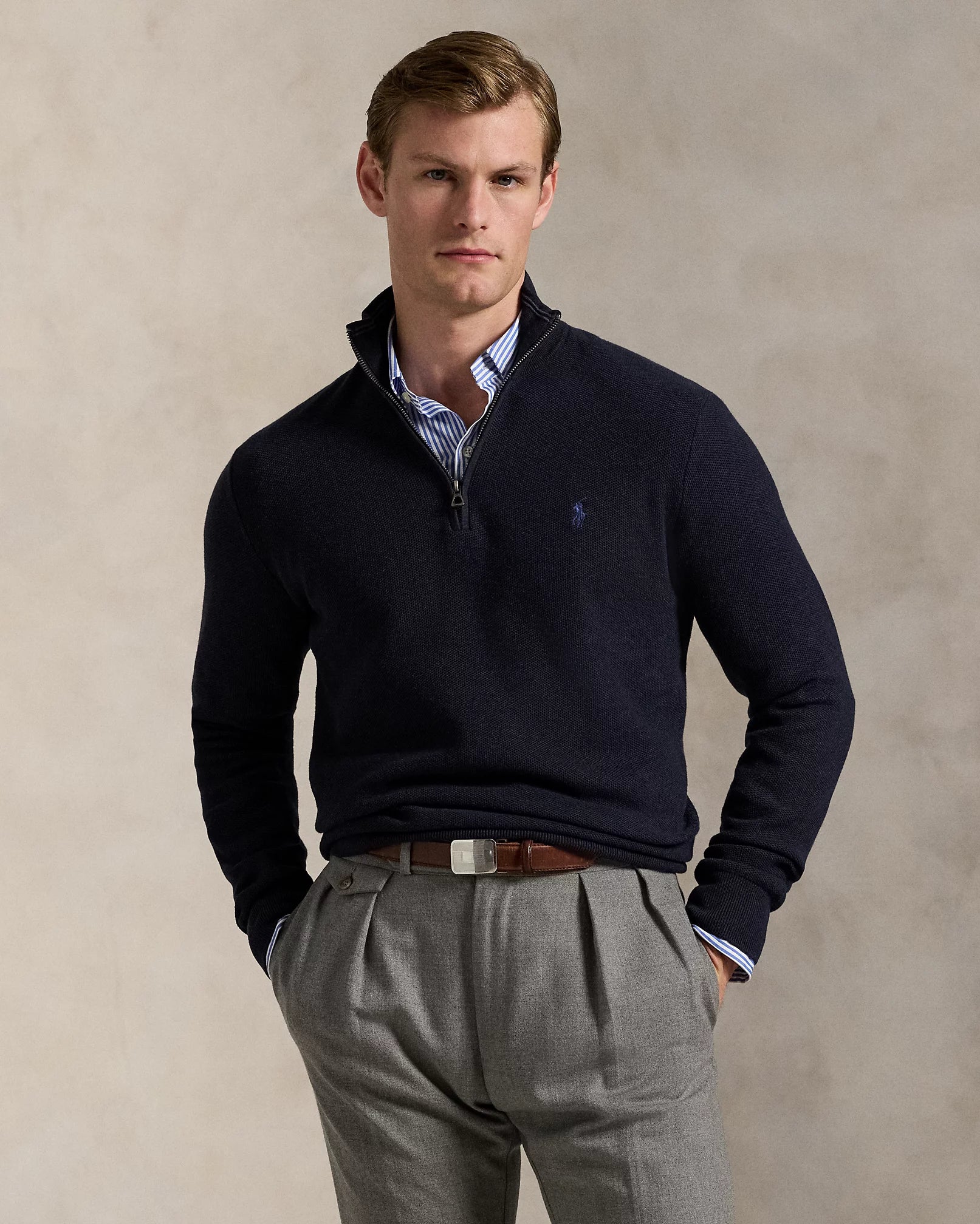 Pull demi-zippé en coton piqué