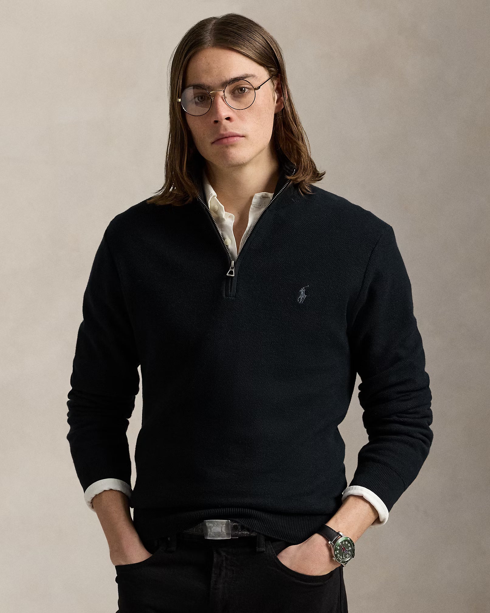 Pull demi-zippé en coton piqué