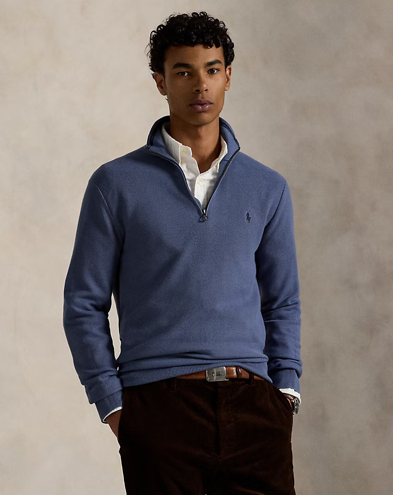 Pull demi-zippé en coton piqué
