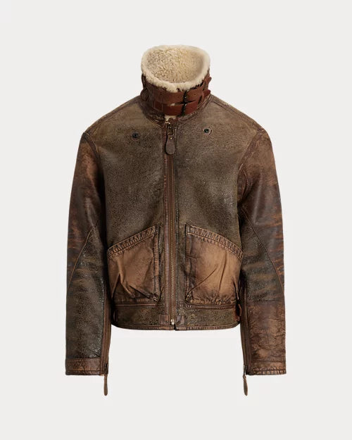 Bomber en peau lainée et cuir